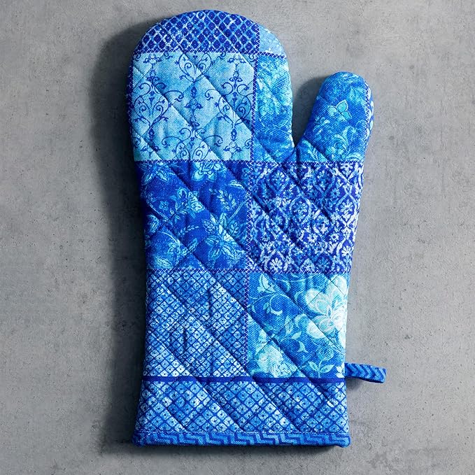 Maison d'Hermine Oven Gloves 100% Cotton Oven Mitt 7" x 13" with Loop Heat Resistant BBQ Cooking Gloves Baking Grilling Gifts for Mothers Day Spring/Summer (Pack of 1, Indigo Love)