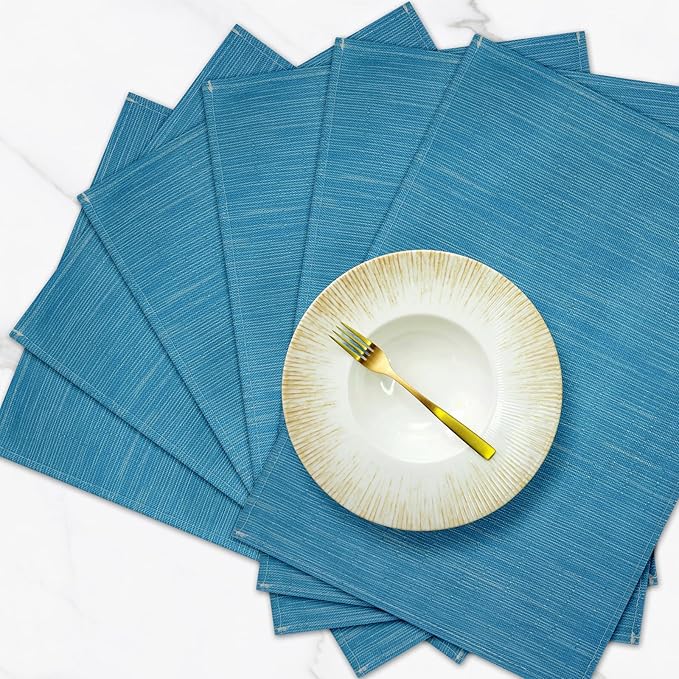 Blue Place Mats Set of 6, 12x18 Inch Heat-Resistant Washable Easy to Clean Place Mats, Faux Linen Cloth Table Mats Suitable for Indoor/Outdoor Parties & Kitchen Decor (Blue)