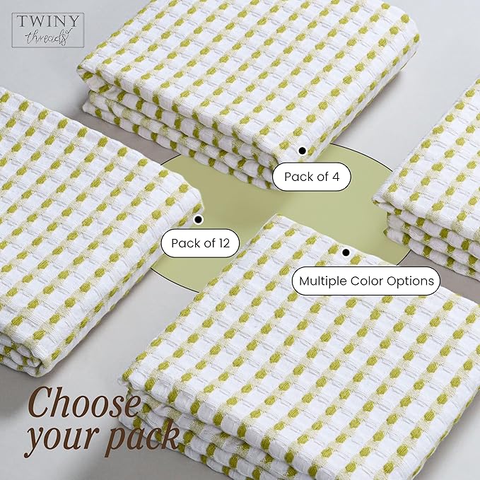 TWINY threads Waffle Kitchen Towels Set of 4, 16x26 Inches, 100% Cotton Waffle Weave Dish Cloth Pack, Super Absorbent & Fast Dry Tea Towels for Drying and Cleaning, Lemon Green, White