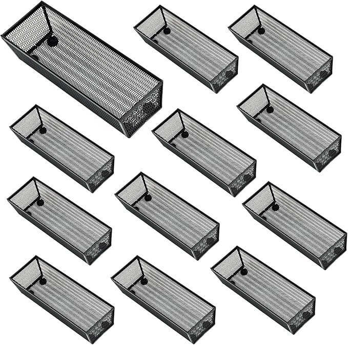 Neudeco Silverware Organizer,Mesh Drawer Organizer for Kitchen,Metal Utensil Organizer for Flatware, Knives, Spoons,Cosmetic (Black 9 * 3 * 2 inch Pack12)