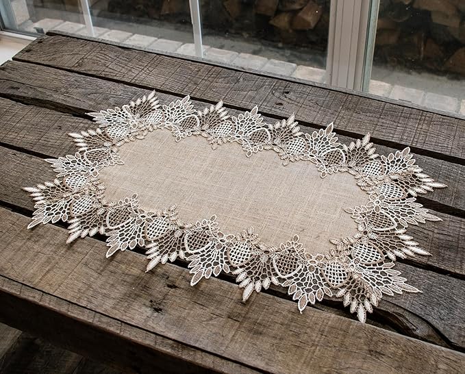 LINENS ART AND THINGS Lace Placemats Neutral Earth Tones Dresser Scarf Coffee Table Runner End Table Doily Brown Beige Set of 2 (13Wx20L)