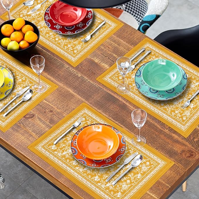 Rustic Yellow Vintage Flowers Placemats Set of 4,Chinoiserie Floral Branches Decoration Table Mat Washable Non-Slip Place Mats 12 x 18 Inch for Party Kitchen Dining