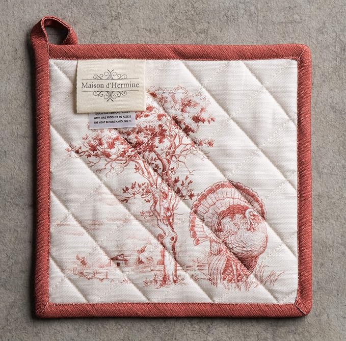 Maison d' Hermine Pot Holders Set 100% Cotton Heat Resistant Potholders 8" x 8" Hot Pads with Loop for Thanksgiving Christmas Decorations BBQ Baking Handling Hot Pans (Pack of 2, Holy Jouy - Red)
