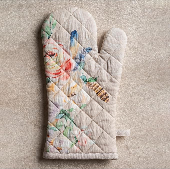 Maison d'Hermine Oven Gloves 100% Cotton Oven Mitt 7" x 13" with Loop Heat Resistant BBQ Cooking Gloves Baking Grilling Gifts for Mothers Day Spring/Summer (Pack of 1, Ibiza - Beige)