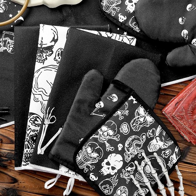 Leinuosen 8 Pcs Skull Kitchen Decor Set Kitchen Towels Gothic Oven Mitts and Pot Holders Skeleton Hand Dish Towels Horror Oven Mitts for Home Decoration Party Gifts (Black and White,Skeleton)