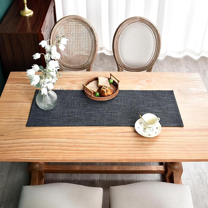 Farmhouse Rustic Faux Linen Table Runner Neutral Charcoal Table Runners Double Layer Reversible Rectangle Runners for Daily Use Kitchen Dining Banquet Holiday 13x36 Inch