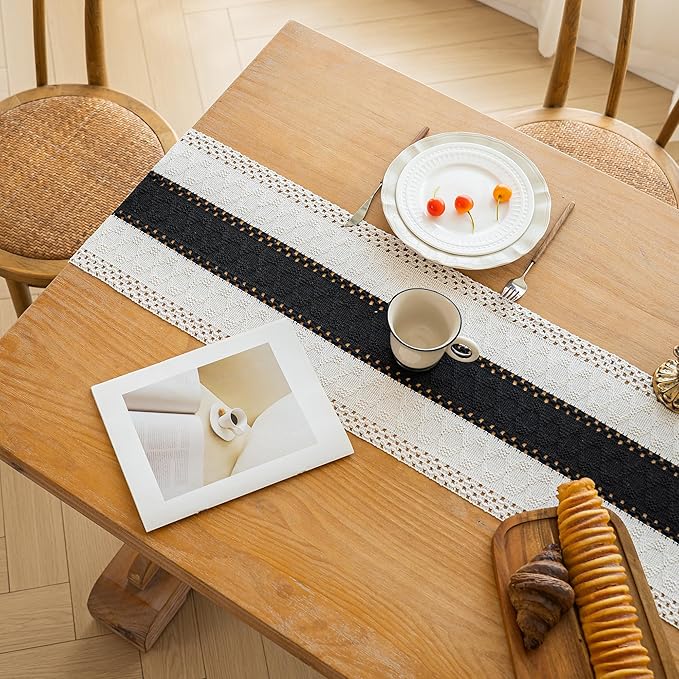 FEXIA Boho Table Runner for Home Decor with Tassels 60 Inches Long,Black Farmhouse Rustic Table Runner Macrame Burlap Table Decoration for Living Room Bridal Shower(12x60 Inches)