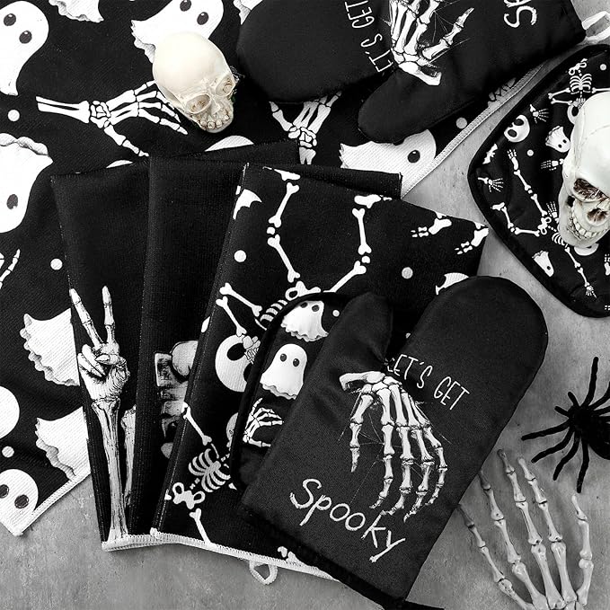 Leinuosen 8 Pcs Skull Kitchen Decor Set Kitchen Towels Gothic Oven Mitts and Pot Holders Skeleton Hand Dish Towels Horror Oven Mitts for Home Decoration Party Gifts (Vintage Color,Ghost)