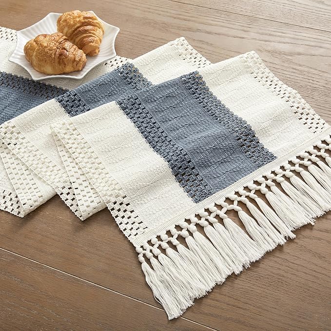 ZeeMart Macrame Style Bicolor Stitching Table Runner, 14 x 72 Inch Navy/Ivory, Boho Navy Blue Table Runners 72 Inches Long, Farmhouse Woven Home Decor