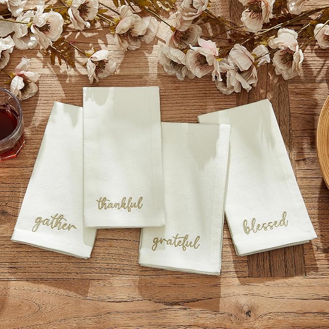 Elrene Home Fashions Harvest Fall Sentiment Embroidered Napkins, Set of 4, 17"x17", Ivory