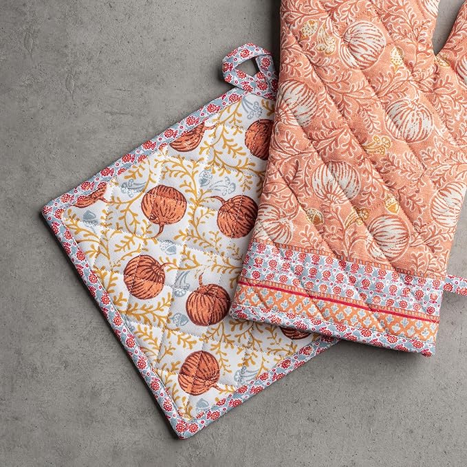 Maison d' Hermine 100% Cotton Oven Mitt & Pot Holder Set (7.5"x13" & 8"x8") Heat Resistant BBQ Cooking Gloves with Loop for Thanksgiving Christmas Decorations Handling Hot Pans (Harvest Festival)