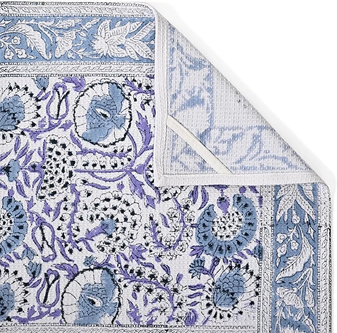 CPC Indigo Blue Hand Block Print Waffle Kitchen Towel Set of 3-16 x 28 Inch Ultra Absorbent Quick Dry Cotton Dish Towels Lightweight Reusable Sustainable Tea Towels for Cleaning and Drying