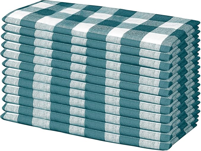 Napkin 100% Cotton Cloth Napkin Decorative Washable Gingham Buffalo Check Plaid Napkins Set of 12 for Home, Kitchen, Dining, Cocktail Parties & Camping - Teal White (18”X18”)