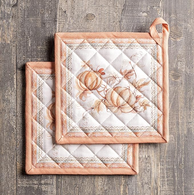 Maison d' Hermine Pot Holders Set 100% Cotton Heat Resistant Potholders 8" x 8" Hot Pads with Loop for Thanksgiving Christmas Decorations BBQ Baking Handling Hot Pans (Pack of 2, Giving Thanks)