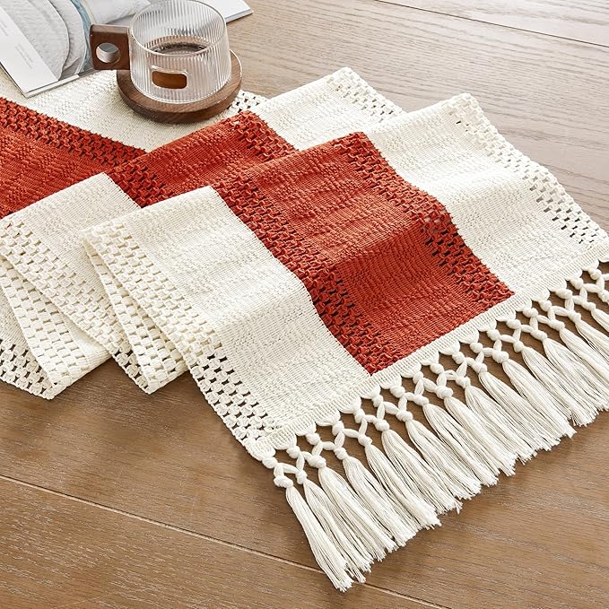 ZeeMart Macrame Style Bicolor Stitching Table Runner, 14 x 108 Inch Orange/Ivory, Boho Burnt Orange Fall Table Runners 108 Inches Long, Farmhouse Woven Fall Home Decor
