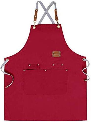 Mignongirl Chef Apron,Cross Back Apron for Men Women with Adjustable Straps and Large Pockets,Canvas,M-XXL (Red)