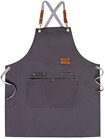 Mignongirl Chef Apron,Cross Back Apron for Men Women with Adjustable Straps and Large Pockets,Canvas,M-XXL (Grey)