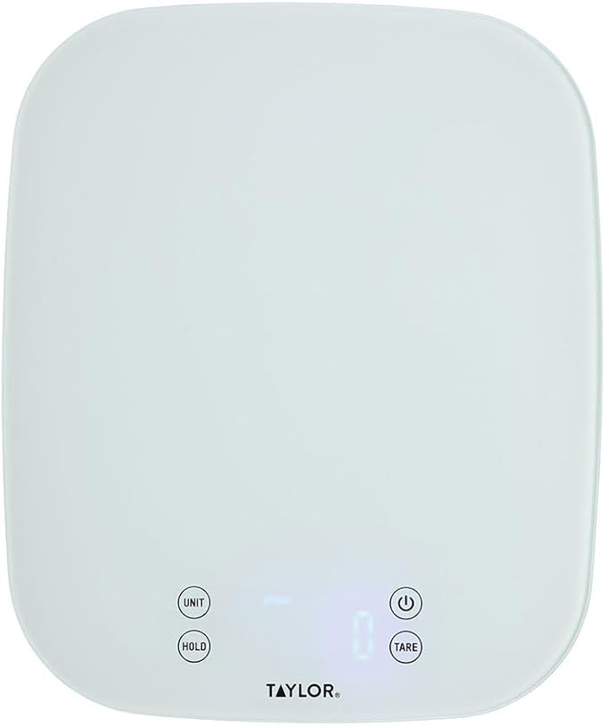 Taylor Pro Digital Kitchen Food Scales, Compact Professional Standard with Precision Accuracy and Waterproof Design with Tare Feature, White Glass, Weighs 14 kg/14 L Capacity