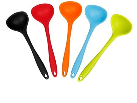 Set Of 5 Silicone Soup Ladle Spoons,High Heat Resistant SetNon-Stick Home Spoons Suitable For Serving & Cooking, Red Blue Black Orange Green Silicone, 7.87x2.55 (KK888)