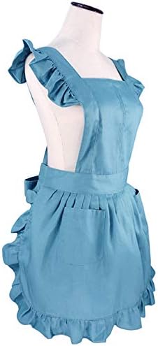 Retro Adjustable Ruffle Apron Kitchen Cooking Baking Cleaning Maid Costume (Blue)