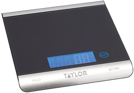 Taylor Pro Ultra High Capacity Digital Kitchen Food Scales, Compact Professional Standard with Precision Accuracy and Tare Feature, Black Glass And Stainless Steel, Weighs 15 kg Capacity