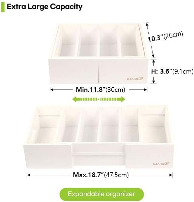 CLEANCLUE Expandable Kitchen Cabinet Organizer for Food Storage Container Lids, Bamboo Drawer Caddy Adjustable Dividers, Box for Kitchen Storage and Organization, Lids Organizer for Cabinet (White)