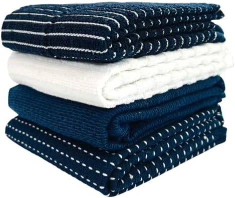 Oversized White Dark Navy Blue Kitchen Towels: 100% Cotton Soft Absorbent Assortment Ribbed Terry Loop, Set of 4 Multipurpose for Everyday Use (Navy Blue)