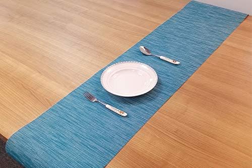 SHACOS Woven Vinyl Table Runner Indoor Outdoor 12x71 inch Kitchen Dining Table Runners Wipe Clean Washable PVC Table Runner, Teal Blue