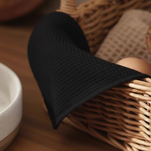 PurpleEssences Dish Cloths and Dish Rags - 8 Pack Waffle Weave Solid Kitchen Dish Wash Cloths, 100% Cotton, 12x12 Inches, Ultra Soft Absorbent Quick Drying - Spring Easter Summer - Black