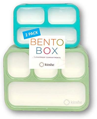 kinsho Leakproof Bento-Box Lunch-Boxes for Women, Kids. Large Green 4 Compartments and Mini Blue 3 Compartment Containers for Lunches Snacks School Travel, 2 pack set
