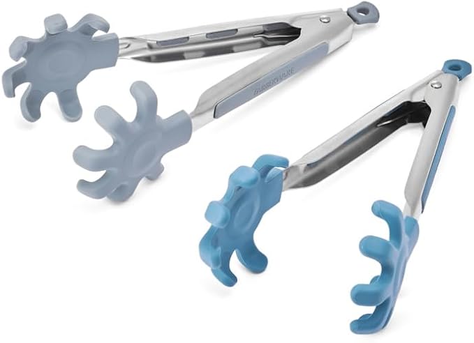 Farberware Silicone Tip Kitchen Tongs Set with Stainless Steel and Flex Grip Handles Mini Tongs for Cooking, Serving, and Entertaining in Blue and Light Green, Dishwasher Safe, 9 Inch, 2 Piece