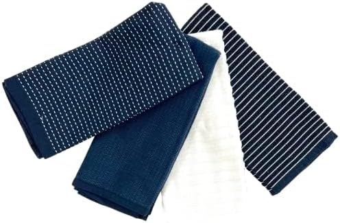 Oversized White Dark Navy Blue Kitchen Towels: 100% Cotton Soft Absorbent Assortment Ribbed Terry Loop, Set of 4 Multipurpose for Everyday Use (Navy Blue)