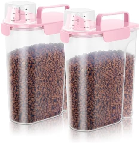 LEAWALK 5-7Lbs Dog Cat Food Storage Container with Upgraded Large Nozzle BPA-free, 4 Snap Seals Plastic Pet Food Storage Containers with Handles (Light Pink, 5L-2pack)