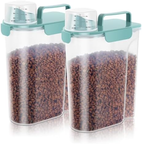 LEAWALK 5-7Lbs Dog Cat Food Storage Container with Upgraded Large Nozzle BPA-free, 4 Snap Seals Plastic Pet Food Storage Containers with Handles (Elegant Blue, 5L-2pack)