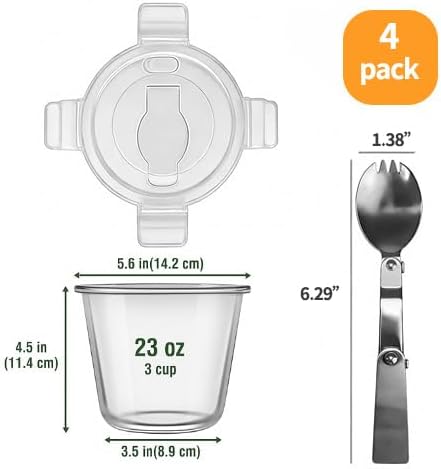 H.JSS WDJS 24oz Round Glass Soup Containers with Lids and Spoons, 3Cup Glass Food Storage Containers Set, BPA-Free Meal Prep Bowls with Lids for Leftover, Microwave, Dishwasher, Fridge Safe (4-Pack)