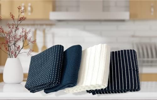 Oversized White Dark Navy Blue Kitchen Towels: 100% Cotton Soft Absorbent Assortment Ribbed Terry Loop, Set of 4 Multipurpose for Everyday Use (Navy Blue)