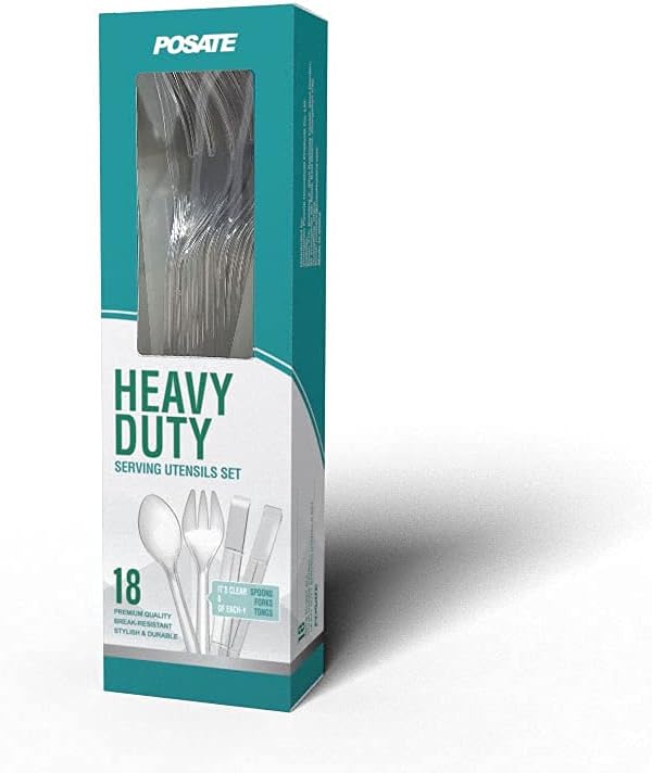 Plastic Serving Utensils, 9" Clear Disposable Utensils 18 Pack, 6 Serving Tongs, Spoons, Forks