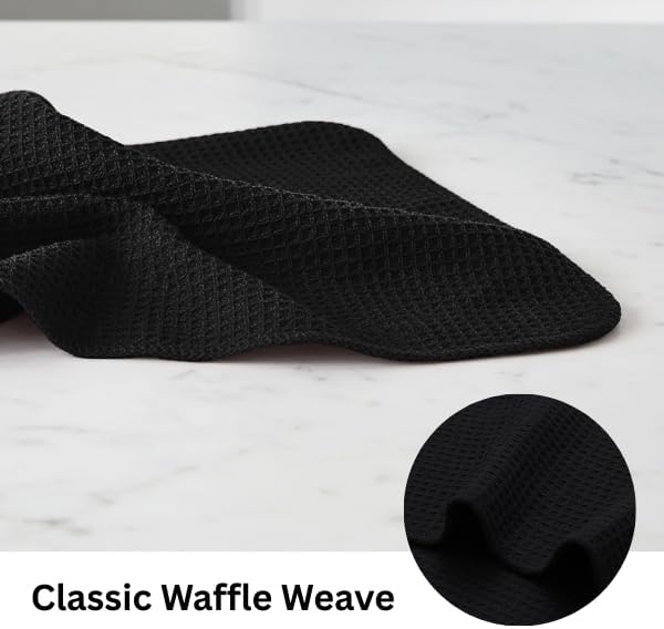PurpleEssences Dish Cloths and Dish Rags - 8 Pack Waffle Weave Solid Kitchen Dish Wash Cloths, 100% Cotton, 12x12 Inches, Ultra Soft Absorbent Quick Drying - Spring Easter Summer - Black