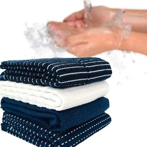 Oversized White Dark Navy Blue Kitchen Towels: 100% Cotton Soft Absorbent Assortment Ribbed Terry Loop, Set of 4 Multipurpose for Everyday Use (Navy Blue)