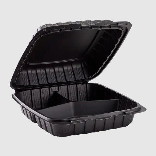 9x9 3-Compartment Hinged Vented Food Containers, 50 Pack – Clamshell Takeout Containers, Meal Prep Food Storage, 3 Compartment Food Containers, To Go Boxes & Cake Slice Box - Black