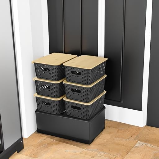 Ohmlove Plastic Storage Baskets With Bamboo Lid - Plastic Storage Containers Stackable Storage bins: Storage Baskets for Organizing Shelves Drawers Desktop Closet Playroom Classroom Office, 6 Pack