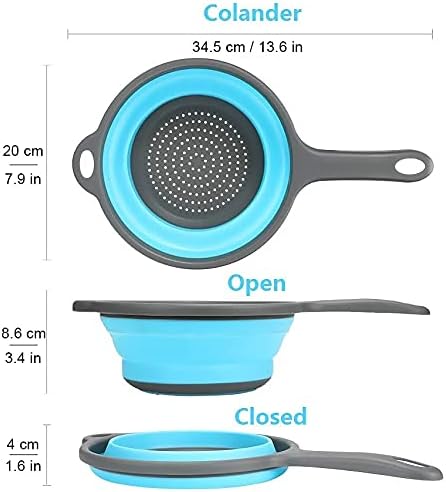 Kitchen Foldable Silicone Strainer Colanders, Collapsible Colanders with Handles, Space-Saver Folding Strainer Colander for Draining Pasta, Vegetable (Blue)
