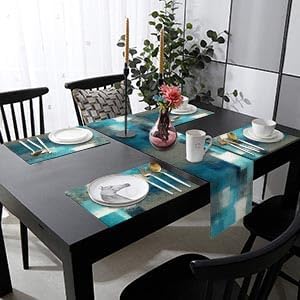 Emvency Farmhouse Table Runner and Placemats Set of 6, Cotton-Linen Abstract Teal and Grey Painting Art Dining Table Decor for Daily Use(1 Table Runner 72 inches Long and 6 Placemats)