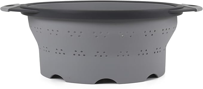 Dexas 8" Collapsible Silicone Colander in Cool Grey, Kitchen Strainer with Handles, 7.2 Cup Capacity | BPA-Free, Heat-Resistant, Space-Saving Kitchen Tool