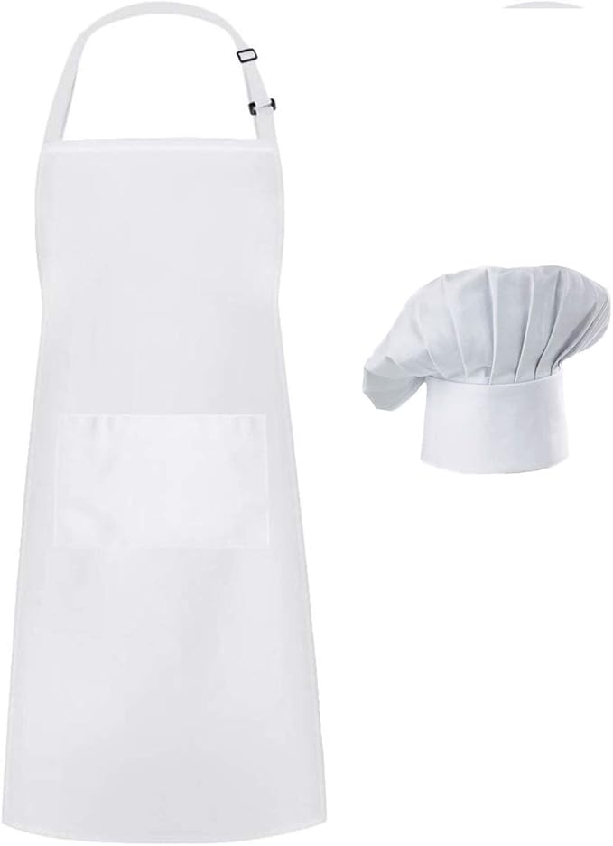 Hyzrz Chef Apron Hat Set, Chef Hat and Adult Kitchen Pocket Adjustable Apron with Butcher Hat Baker Costume for Men and Women Father's Gift (White)