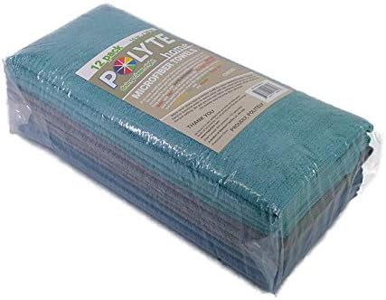 POLYTE Premium Microfiber All-Purpose Ribbed Terry Kitchen Towel, 12 Pack (Blue, Gray, Teal, 16x28 in)