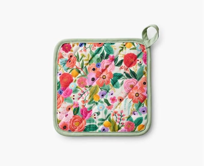 RIFLE PAPER CO. Pot Holder, Heat Resistant, Digitally Printed Quilted Garden Party Pattern with Contrast Piping, Corner Loop for Hanging, Hand Slot, 8" W x 8" L