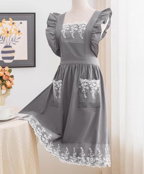 Aoomzoon Vintage Aprons for Women with Pockets Cute Lace Ruffle Adjustable Apron for Cooking Kitchen Baking Gardening