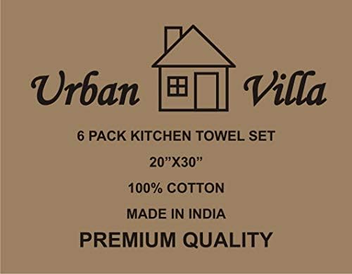Urban Villa Kitchen Towels 100% Cotton Dish Towels for Kitchen (Set of 6) 20”x30” Dish Cloths Highly Absorbent Kitchen Linen Set with Hanging Loop Perfect for Drying Dishes Cleaning Towels-Grey White