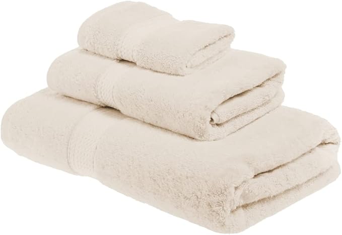 SUPERIOR Egyptian Cotton Pile 3 Piece Towel Set, Includes 1 Bath, 1 Hand, 1 Face Towel/Washcloth, Ultra Soft Luxury Towels, Thick Plush Essentials, Guest Bath, Spa, Hotel Bathroom, Cream